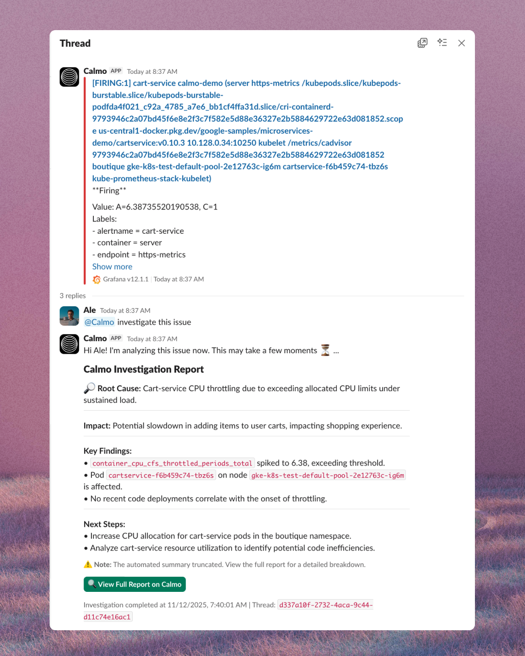 Calmo investigation report in Slack showing AI-powered root cause analysis