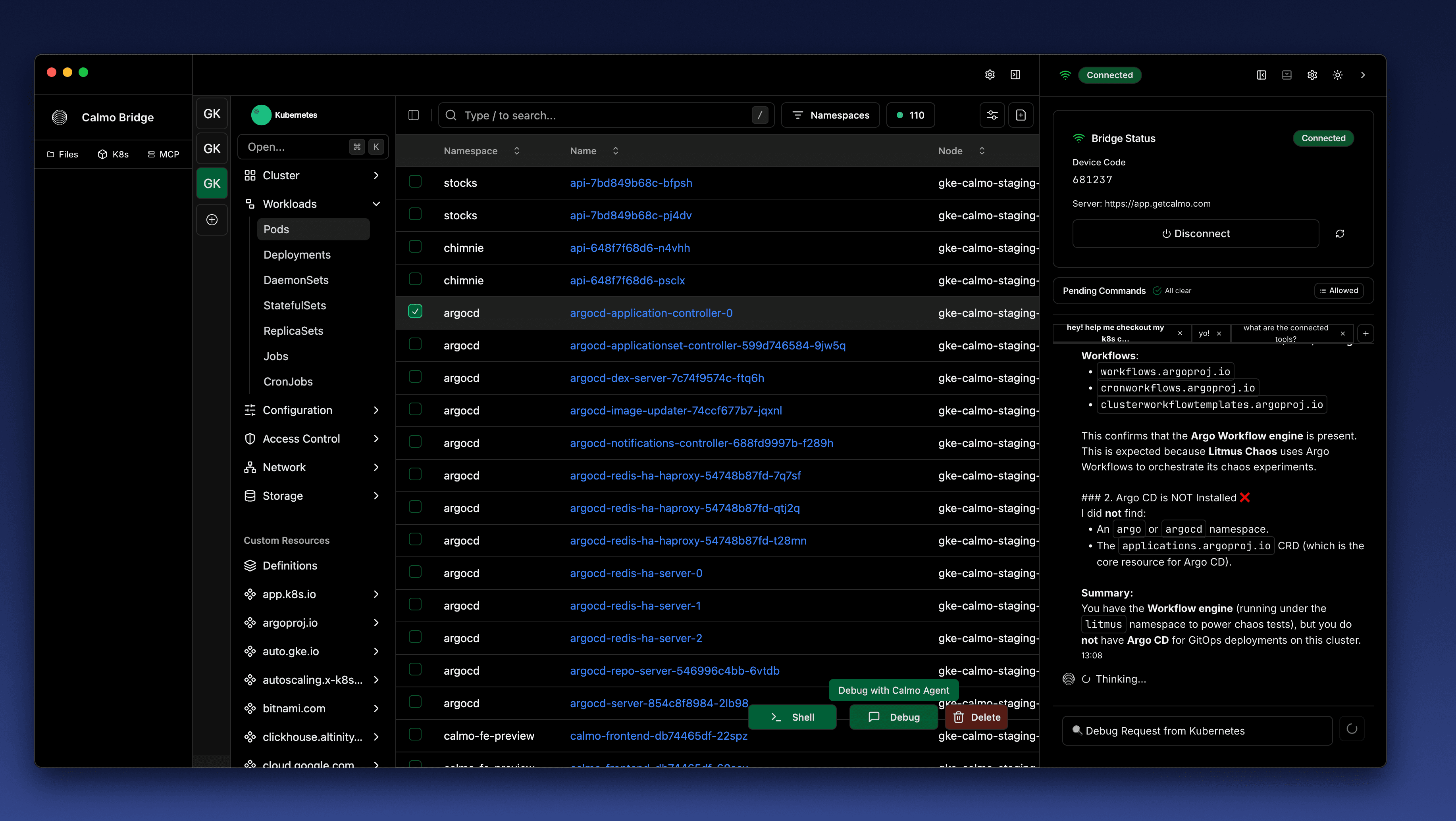 Kubernetes cluster navigation in Calmo IDE