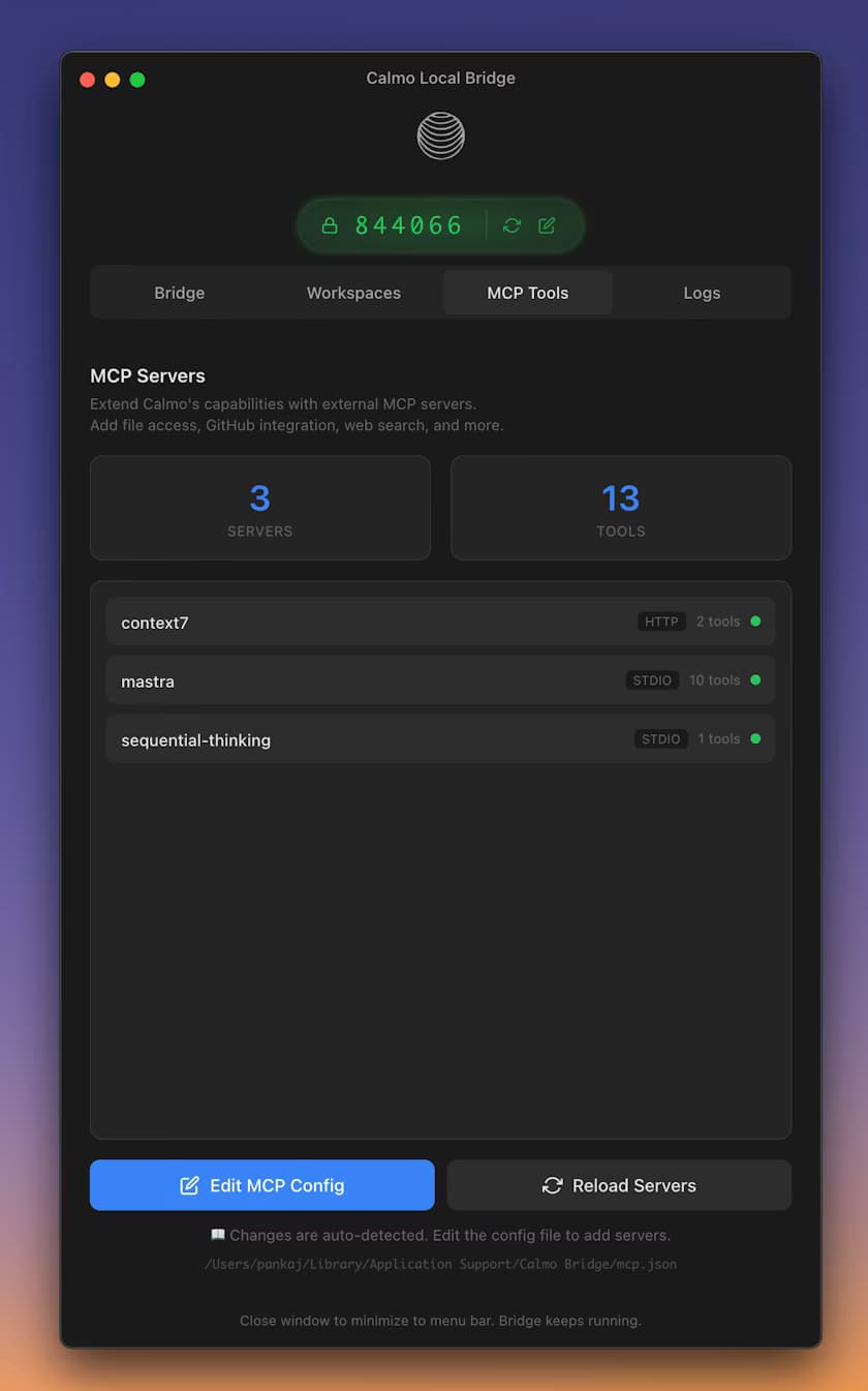 MCP tools connected to Calmo CLI